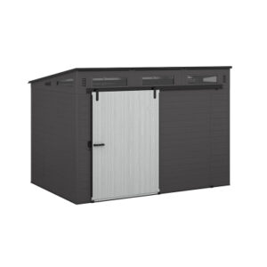Modernist Resin Storage Shed, Sliding Barn Door, Peppercorn, Cream & Black, 10 x 7 Ft.